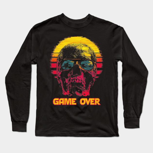 Gamer Skull with Retro Game Over Text Long Sleeve T-Shirt by TuncGK