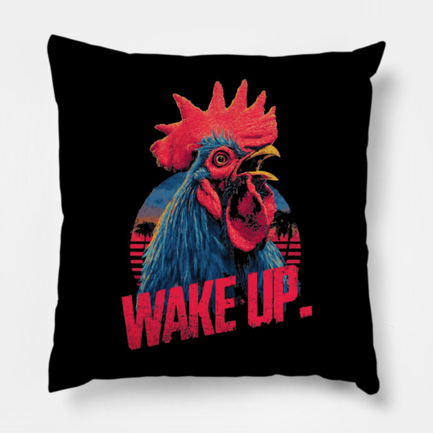 Rooster Wake Up in Synthwave Style Pillow by TuncGK