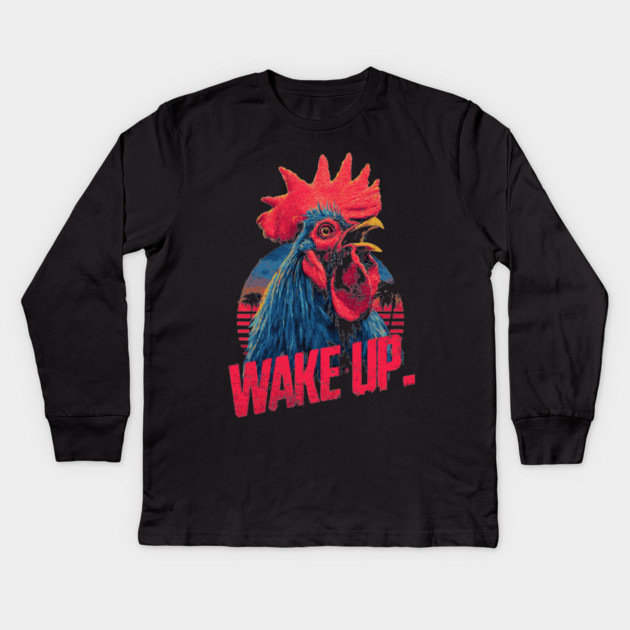 Rooster Wake Up in Synthwave Style Kids Long Sleeve T-Shirt by TuncGK