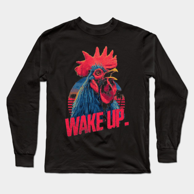 Rooster Wake Up in Synthwave Style Long Sleeve T-Shirt by TuncGK