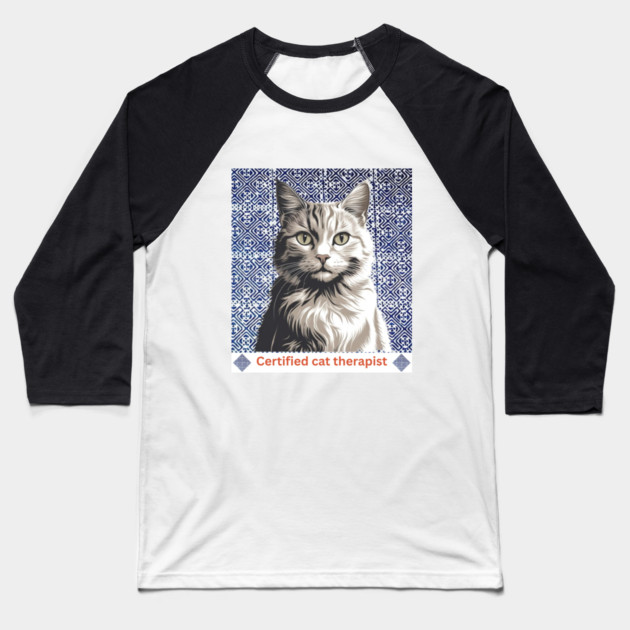 Certified Cat Therapist – Indigo Hmong Pattern Style Baseball T-Shirt by Pimcolle
