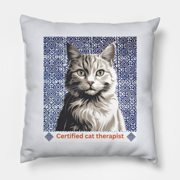 Certified Cat Therapist – Indigo Hmong Pattern Style Pillow by Pimcolle