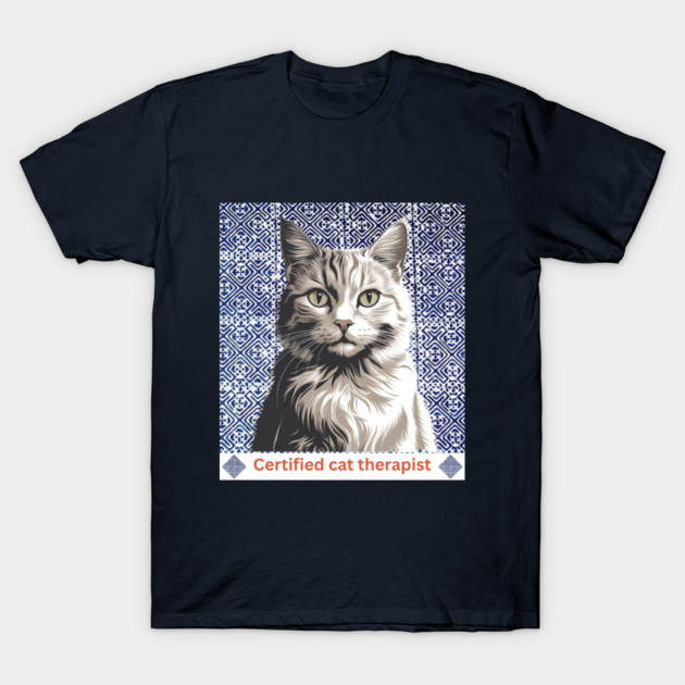 Certified Cat Therapist – Indigo Hmong Pattern Style T-Shirt by Pimcolle