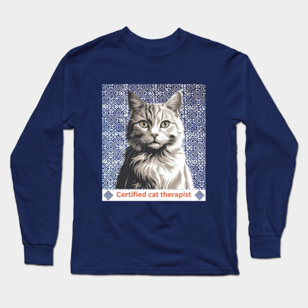 Certified Cat Therapist – Indigo Hmong Pattern Style Long Sleeve T-Shirt by Pimcolle