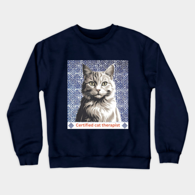 Certified Cat Therapist – Indigo Hmong Pattern Style Crewneck Sweatshirt by Pimcolle
