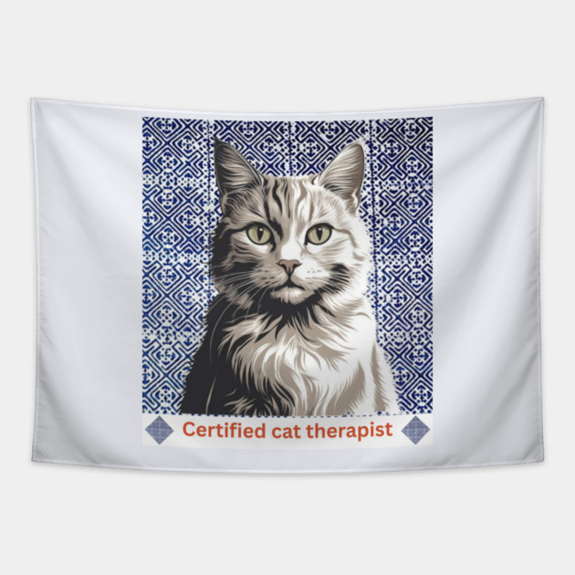 Certified Cat Therapist – Indigo Hmong Pattern Style Tapestry by Pimcolle