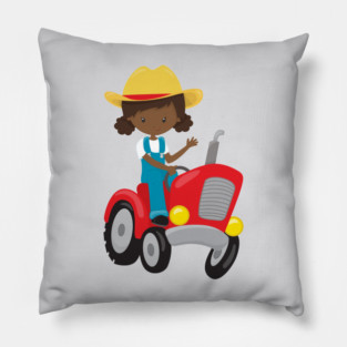Farm Girl, African American Girl, Farmer, Tractor Pillow