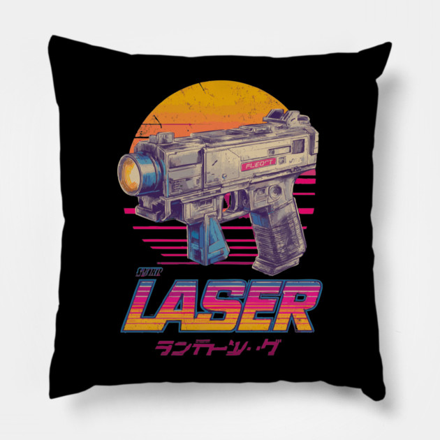 Retro Laser Gun with Japanese Text Pillow by TuncGK