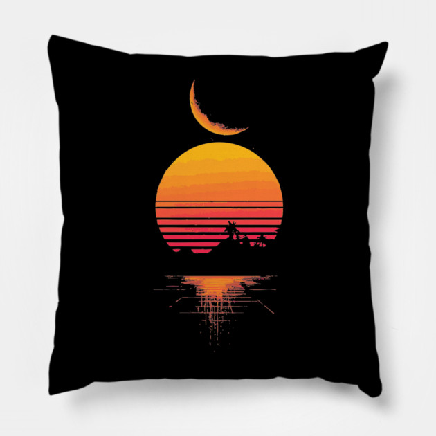 Neon Moonrise over Retro Mountains Pillow by TuncGK