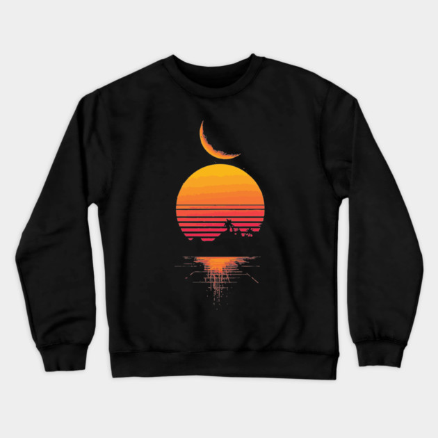 Neon Moonrise over Retro Mountains Crewneck Sweatshirt by TuncGK