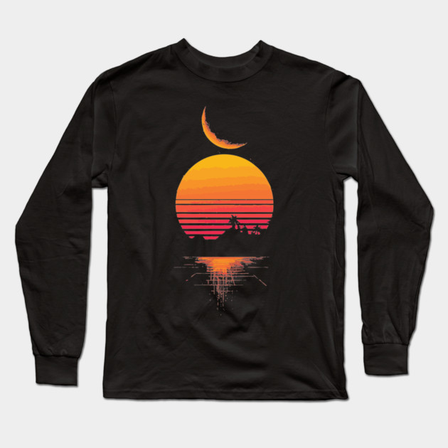 Neon Moonrise over Retro Mountains Long Sleeve T-Shirt by TuncGK