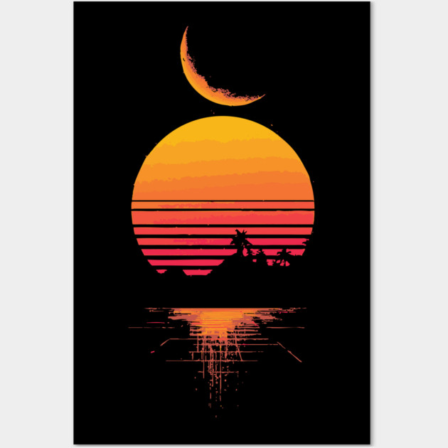 Neon Moonrise over Retro Mountains Wall Art by TuncGK