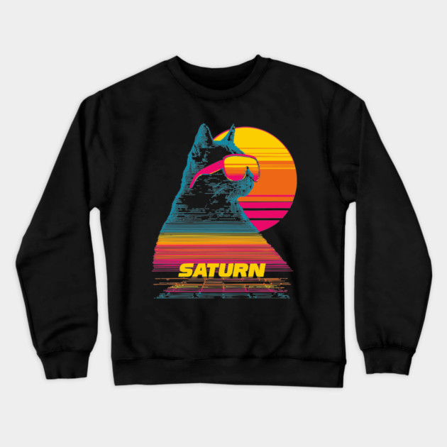 Saturn Caturn - Synthwave Space Cat - Surreal Design Crewneck Sweatshirt by TuncGK