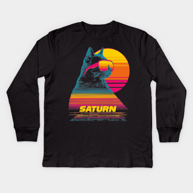 Saturn Caturn - Synthwave Space Cat - Surreal Design Kids Long Sleeve T-Shirt by TuncGK