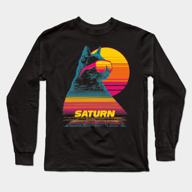 Saturn Caturn - Synthwave Space Cat - Surreal Design Long Sleeve T-Shirt by TuncGK
