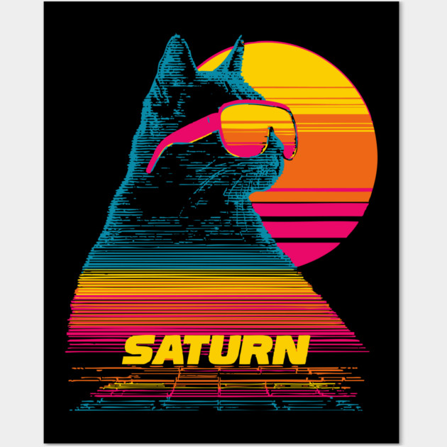 Saturn Caturn - Synthwave Space Cat - Surreal Design Wall Art by TuncGK
