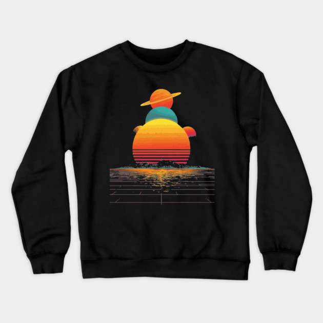 Retro Wave Solar System - Galactic Synthwave Design Crewneck Sweatshirt by TuncGK