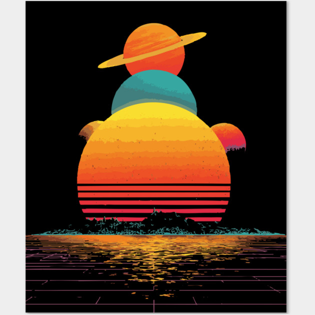 Retro Wave Solar System - Galactic Synthwave Design Wall Art by TuncGK
