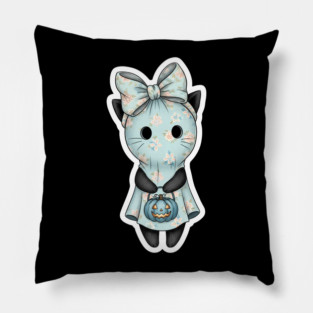 Cute Ghost Cat in Floral Mask Holding Pumpkin Pillow