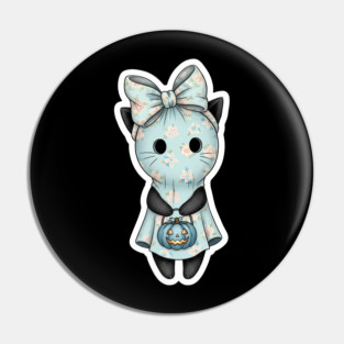 Cute Ghost Cat in Floral Mask Holding Pumpkin Pin