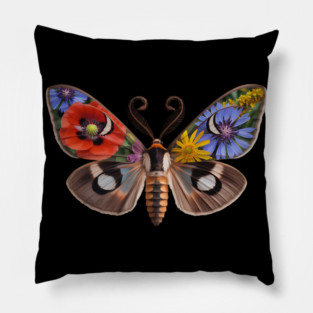 Floral Moth with Wildflowers and Nature-Inspired Wings Pillow