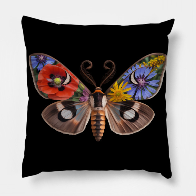 Floral Moth with Wildflowers and Nature-Inspired Wings Pillow by BirdsnStuff