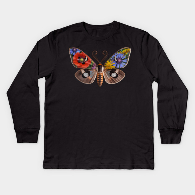 Floral Moth with Wildflowers and Nature-Inspired Wings Kids Long Sleeve T-Shirt by BirdsnStuff
