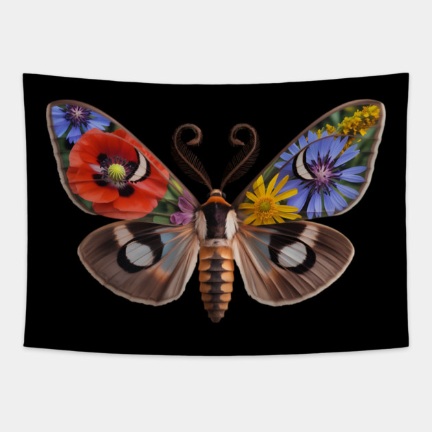 Floral Moth with Wildflowers and Nature-Inspired Wings Tapestry by BirdsnStuff