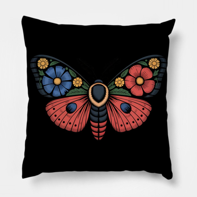 Fantasy Moth with Bold Flowers and Whimsical Detail Pillow by BirdsnStuff