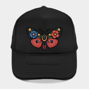 Fantasy Moth with Bold Flowers and Whimsical Detail Hat