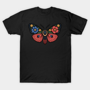 Fantasy Moth with Bold Flowers and Whimsical Detail T-Shirt