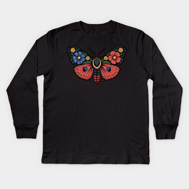 Fantasy Moth with Bold Flowers and Whimsical Detail Kids Long Sleeve T-Shirt by BirdsnStuff
