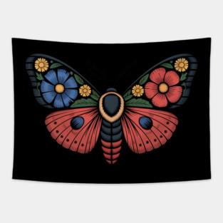 Fantasy Moth with Bold Flowers and Whimsical Detail Tapestry