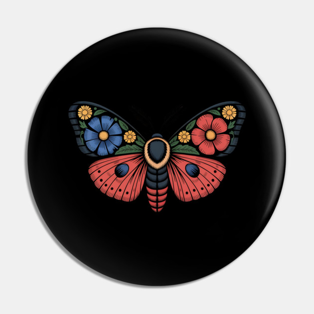 Fantasy Moth with Bold Flowers and Whimsical Detail Pin by BirdsnStuff