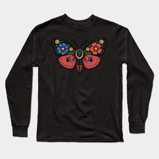 Fantasy Moth with Bold Flowers and Whimsical Detail Long Sleeve T-Shirt by BirdsnStuff