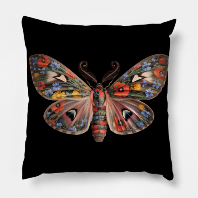 Botanical Moth with Wild Bloom Wings Nature Art Pillow by BirdsnStuff