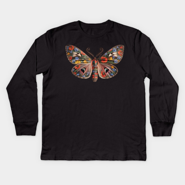 Botanical Moth with Wild Bloom Wings Nature Art Kids Long Sleeve T-Shirt by BirdsnStuff