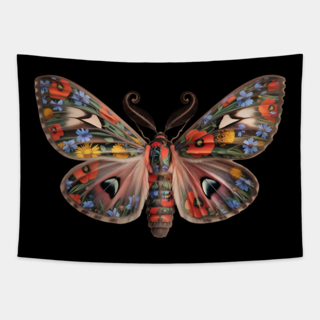 Botanical Moth with Wild Bloom Wings Nature Art Tapestry by BirdsnStuff