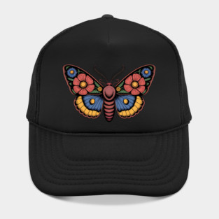Bold Moth with Red-Blue and Yellow Botanical Wings Hat