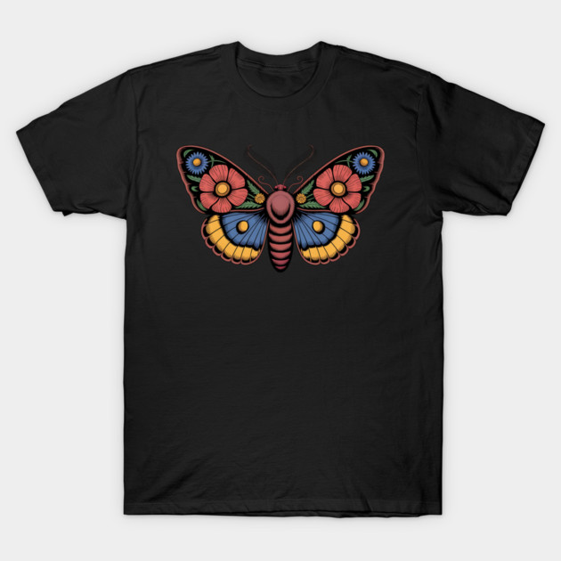 Bold Moth with Red-Blue and Yellow Botanical Wings T-Shirt by BirdsnStuff