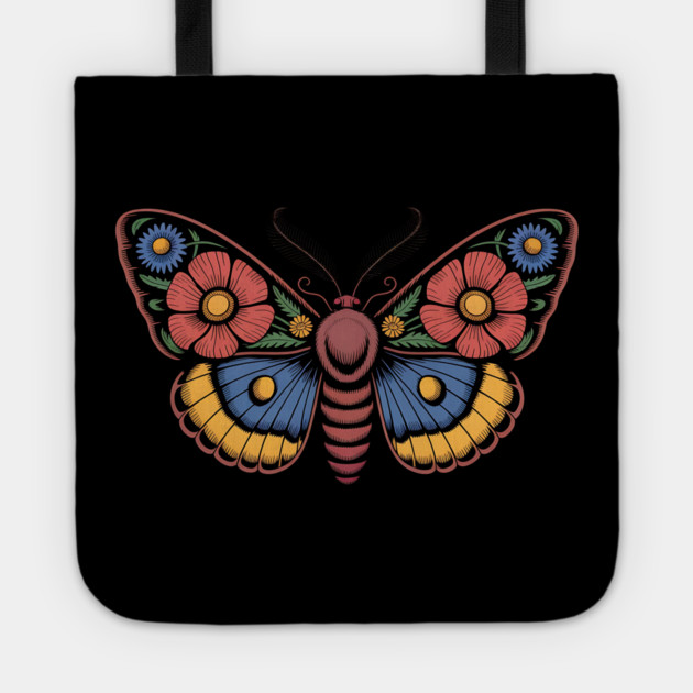 Bold Moth with Red-Blue and Yellow Botanical Wings Tote by BirdsnStuff