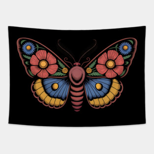Bold Moth with Red-Blue and Yellow Botanical Wings Tapestry