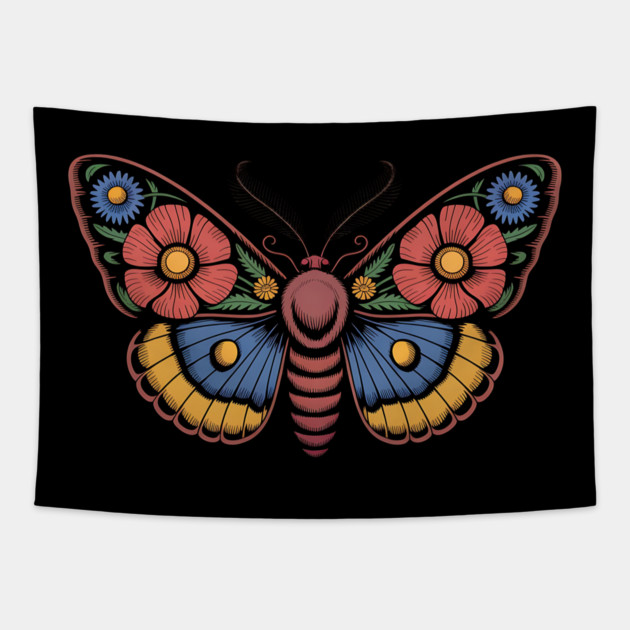 Bold Moth with Red-Blue and Yellow Botanical Wings Tapestry by BirdsnStuff