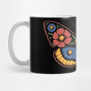 Bold Moth with Red-Blue and Yellow Botanical Wings Mug