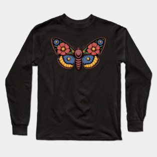 Bold Moth with Red-Blue and Yellow Botanical Wings Long Sleeve T-Shirt