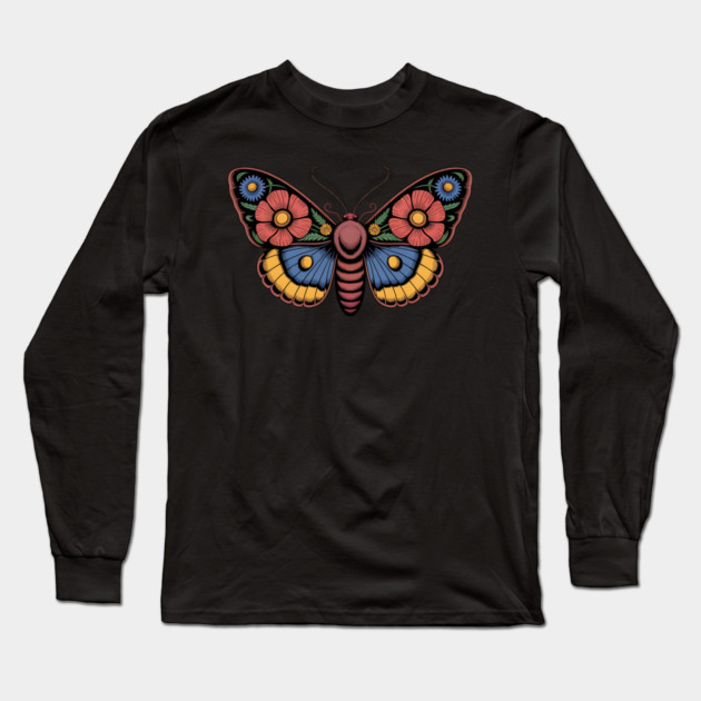 Bold Moth with Red-Blue and Yellow Botanical Wings Long Sleeve T-Shirt by BirdsnStuff