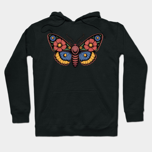 Bold Moth with Red-Blue and Yellow Botanical Wings Hoodie by BirdsnStuff