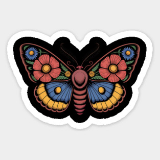 Bold Moth with Red-Blue and Yellow Botanical Wings Sticker