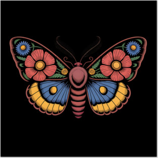 Bold Moth with Red-Blue and Yellow Botanical Wings Posters and Art