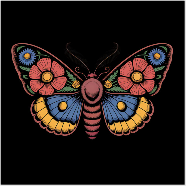 Bold Moth with Red-Blue and Yellow Botanical Wings Wall Art by BirdsnStuff